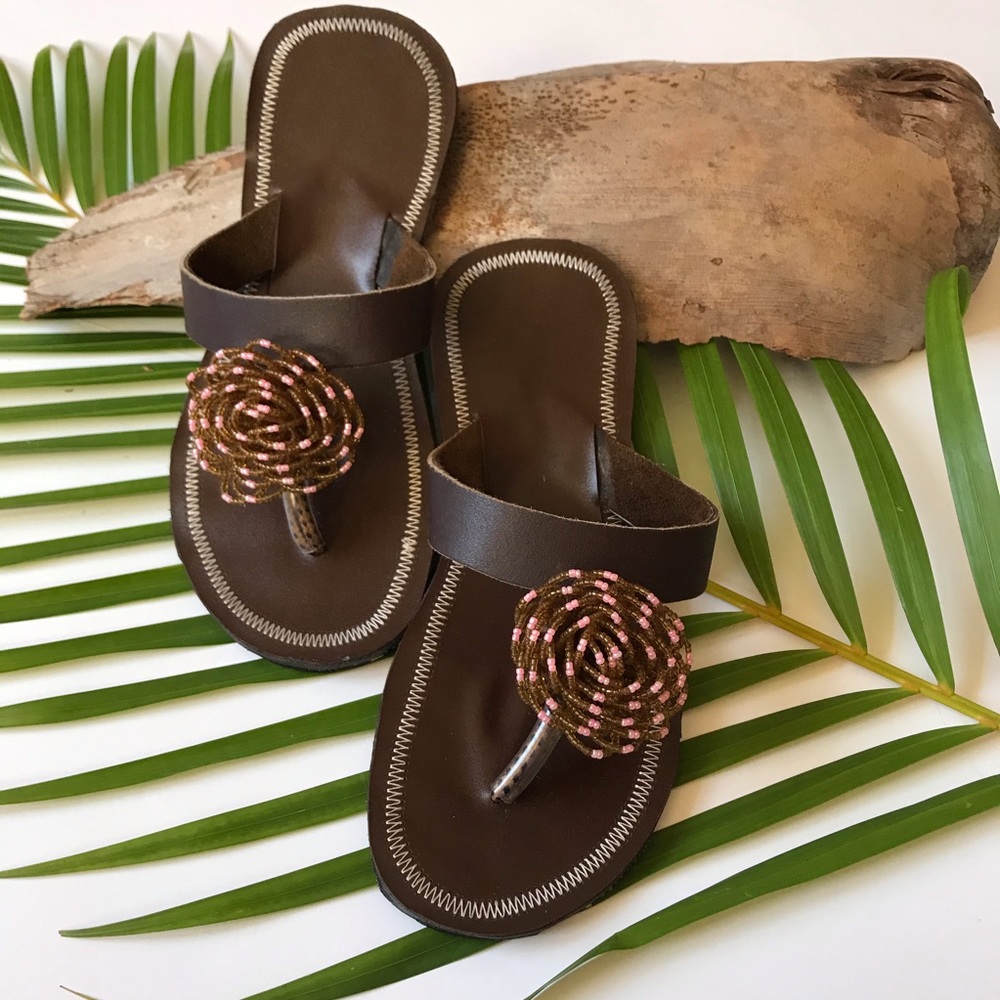 Brown Leather Handmade Beaded Size 8 Sandals